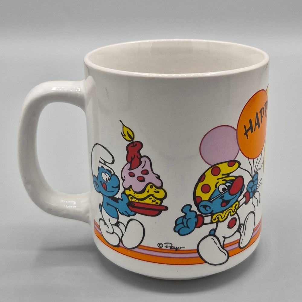 Vintage Peyo Smurfs Happy Birthday Coffee Mug 1980s Ceramic White Cartoon Retro